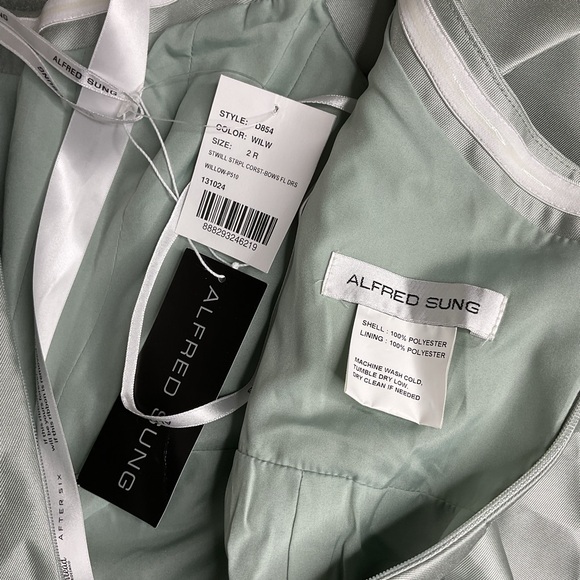 ALFRED SUNG Off Shoulder Bow Satin Corset Fit/Flare Skirt Willow GreenMaxi Dress - Picture 10 of 13